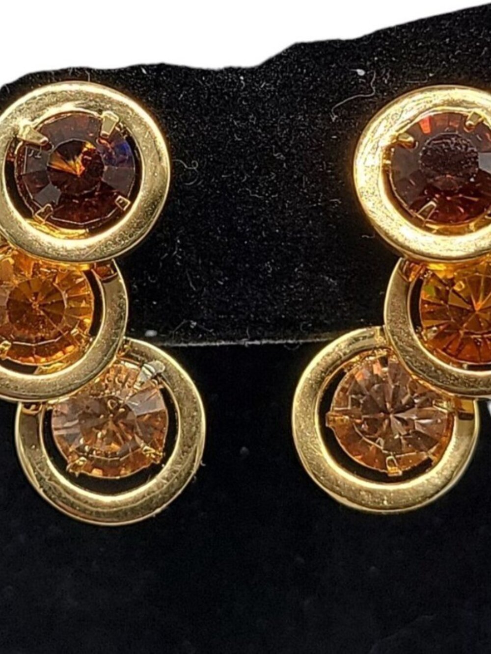 BH China Clip-On Earrings Amber & Brown Rhinestones Vintage Gold Tone - Picture 13 of 16